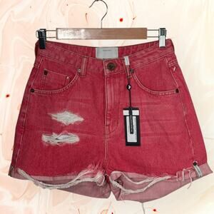 New $155 ONE TEASPOON Organic Denim Frayed Shorts Cuffed High Waist Festival Red